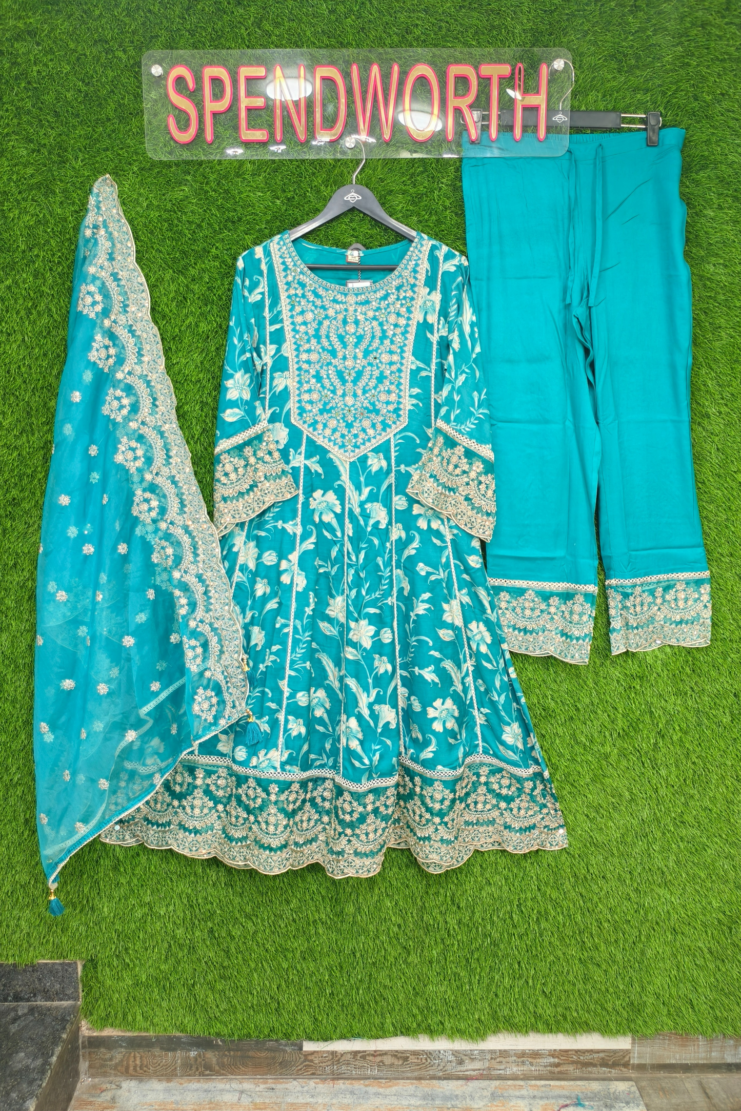 Beautiful Anarkali mirror and crochet lace embroidered kurta set with pants and dupatta