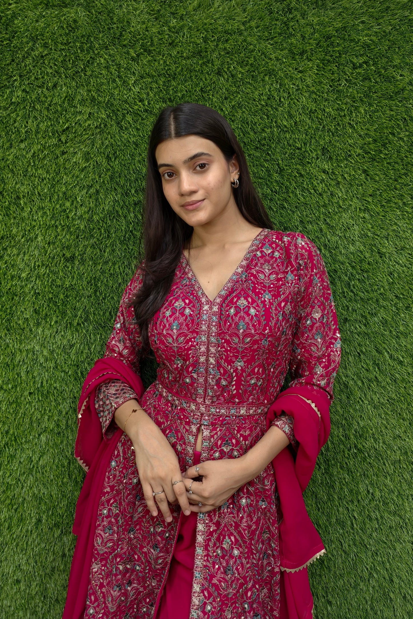 Beautiful front cut Indo Western dress in Hot Pink