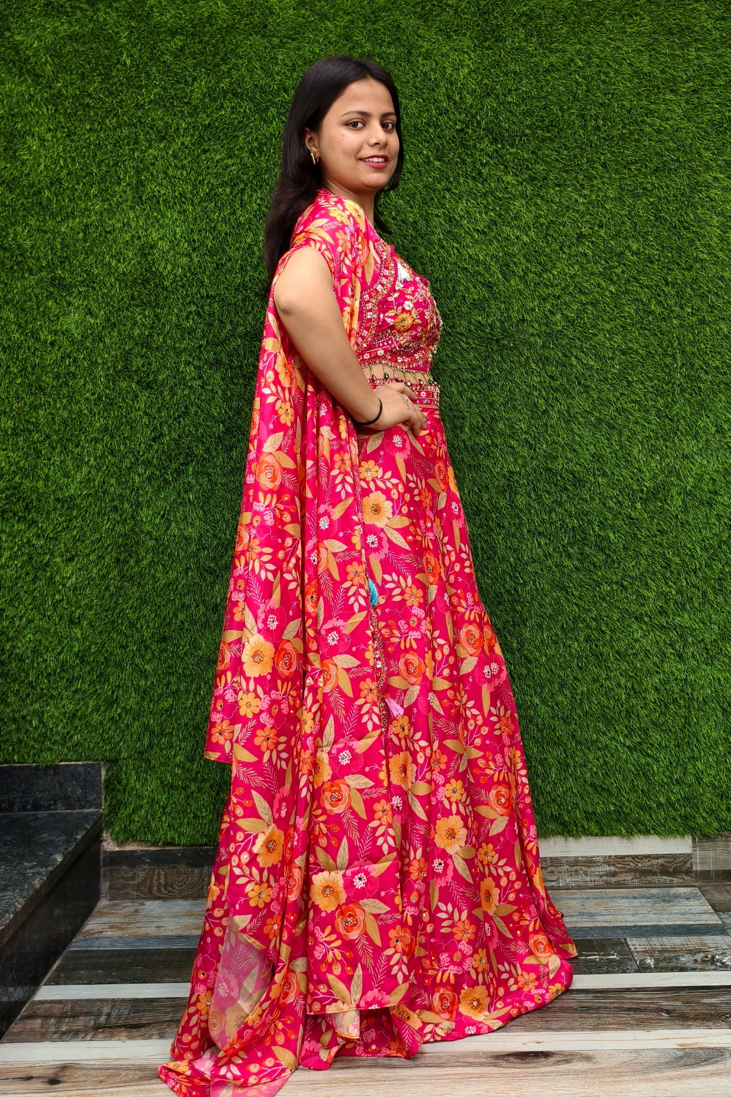 Printed Crop Top Skirt with Shrug for Sangeet Ceremony
