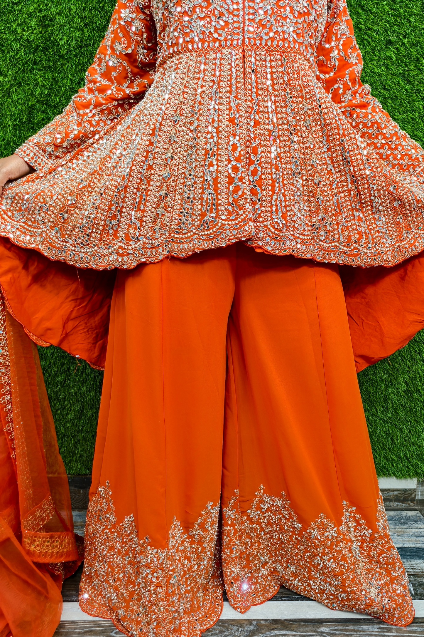 Mirror work Tail Cut Sharara suit in Orange.