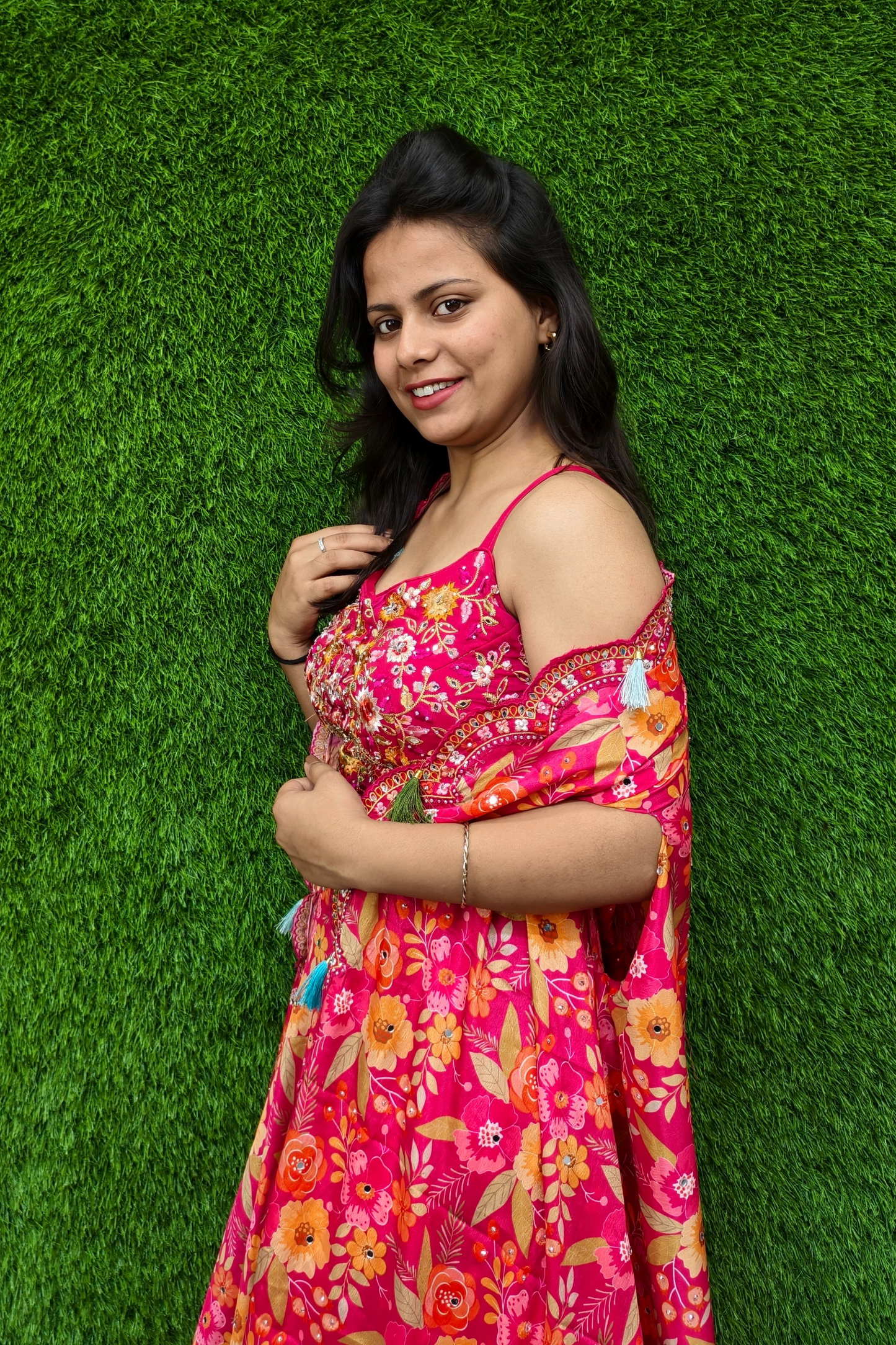 Printed Crop Top Skirt with Shrug for Sangeet Ceremony