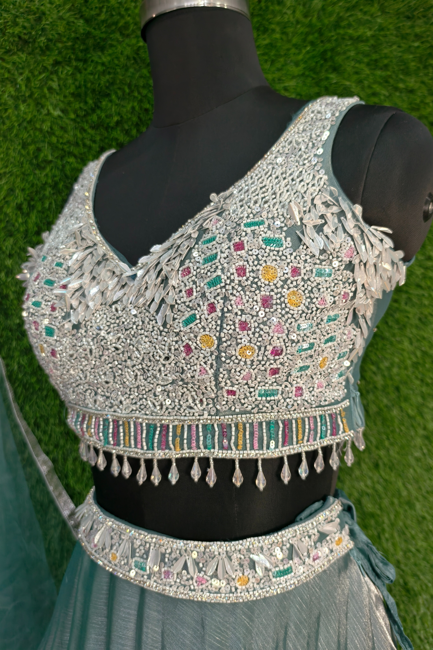 Box Pleated Crop Top Skirt with Hand Work Blouse