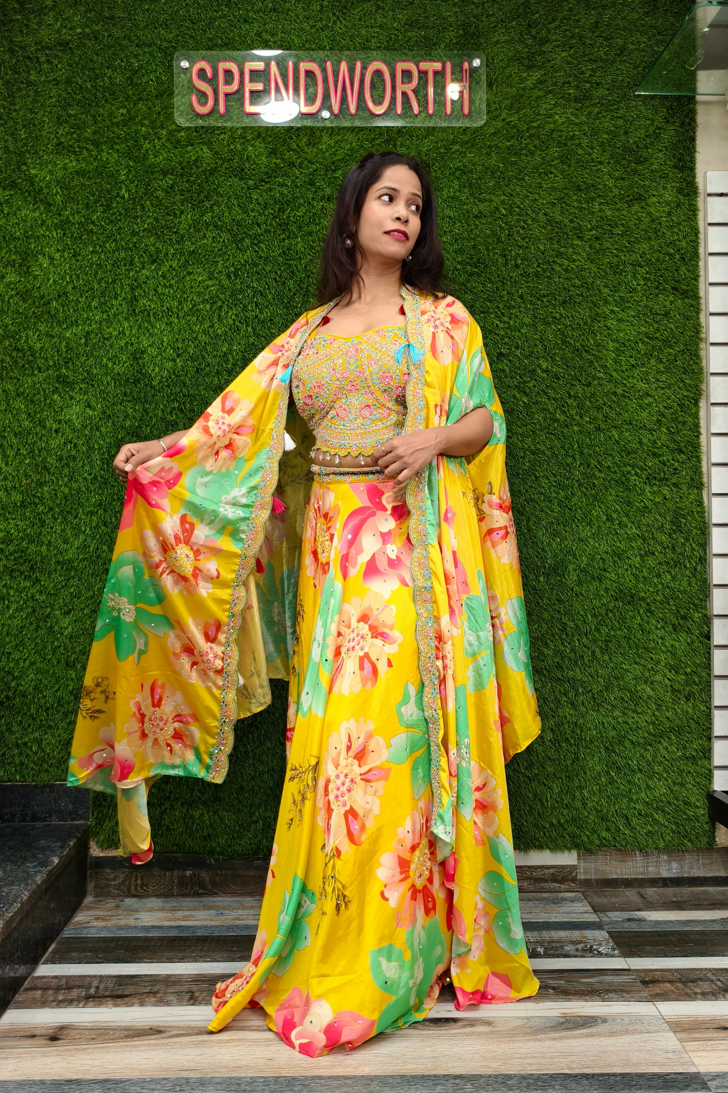 Printed Crop Top Skirt with Shrug for Haldi Ceremony