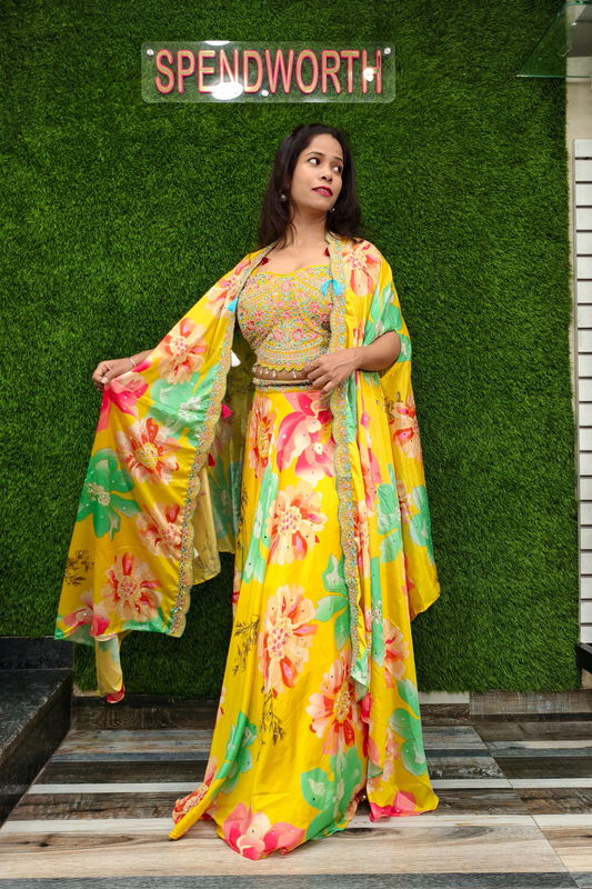Printed Crop Top Skirt with Shrug for Haldi Ceremony