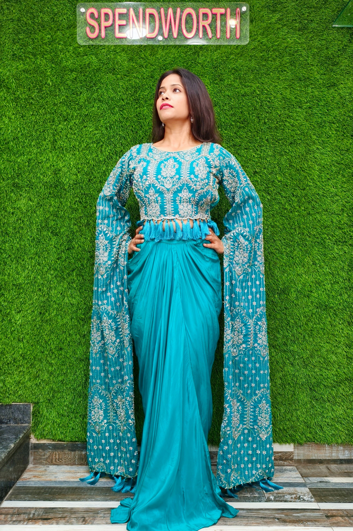 Designer crop top skirt with long sleeves