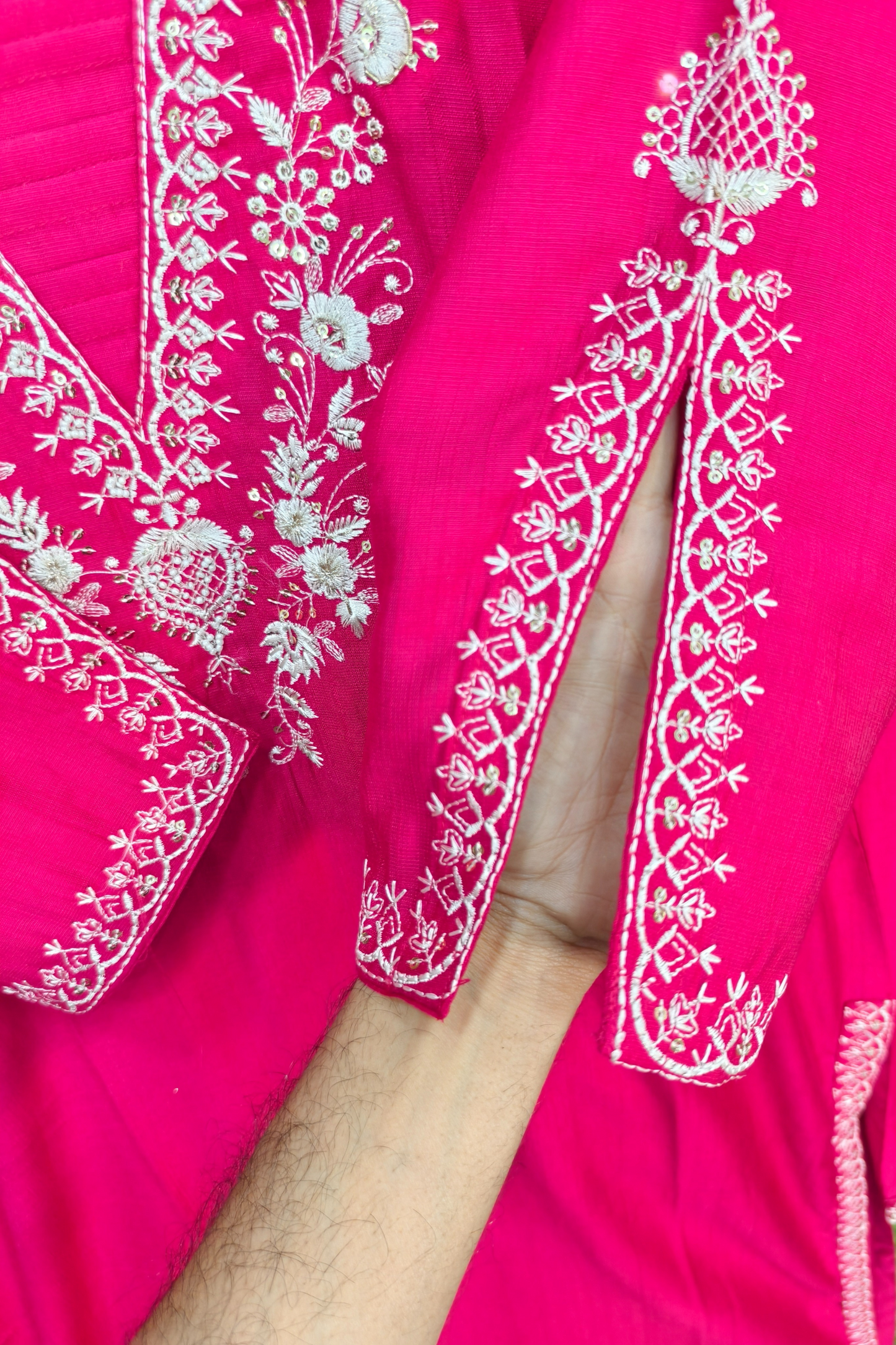 Straight Silk Embroidered V-neck design Pakistani suit with pants and dupatta