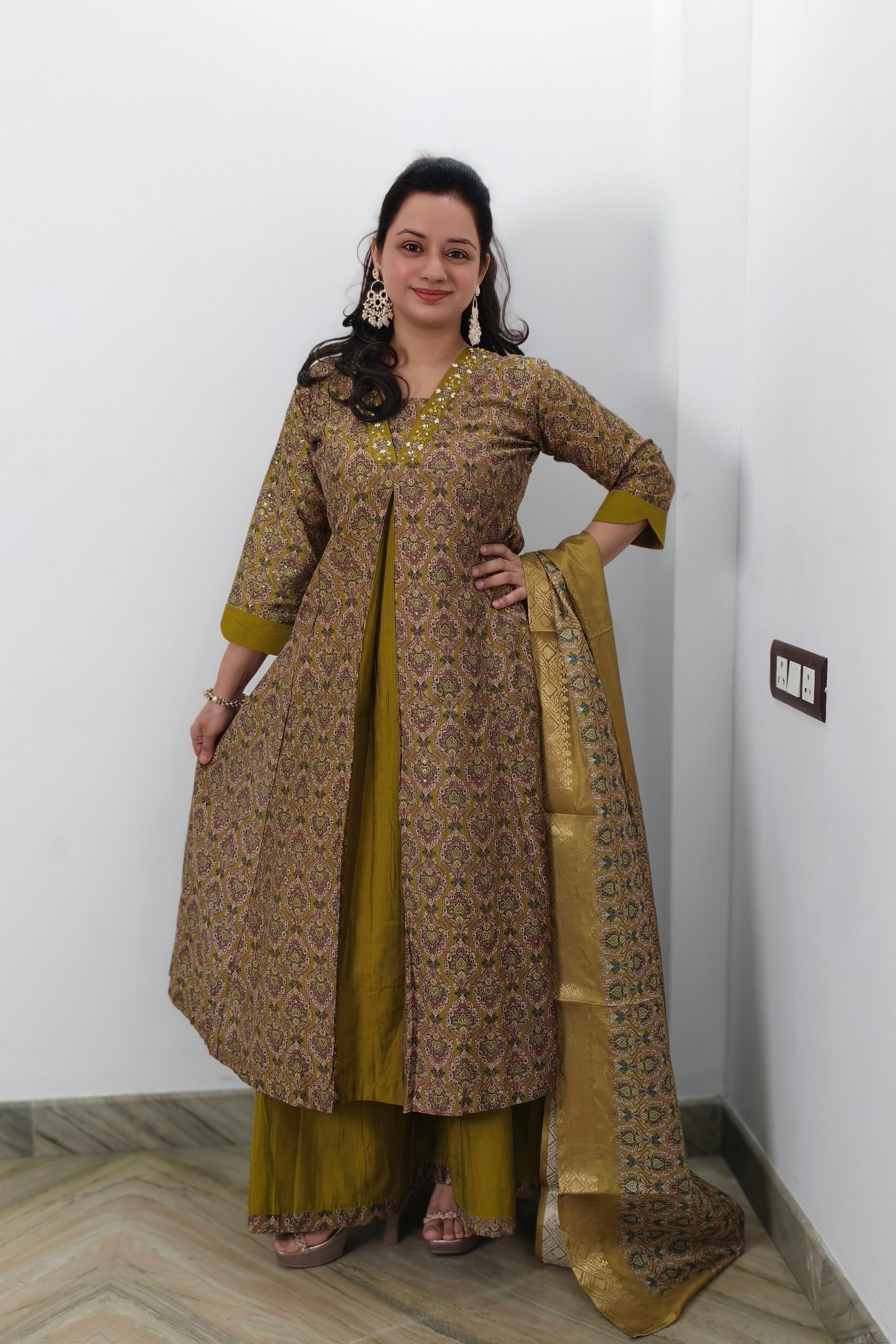 Stylish Silk Printed Aline Kurta Set in Mehndi Colour