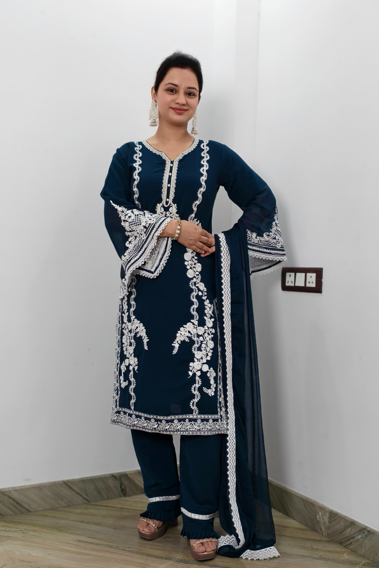 Straight lace Embroidered Crochet Work Pakistani Suit