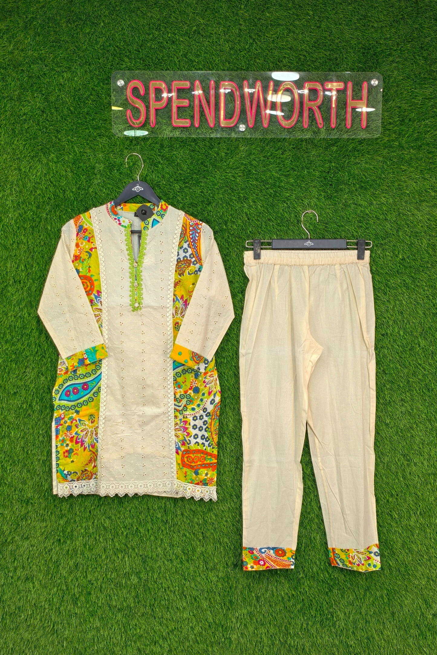 Off White Chiffli Work Pure Cotton Printed Cord Set