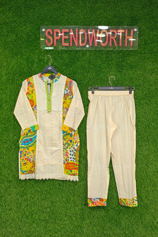 Off White Chiffli Work Pure Cotton Printed Cord Set