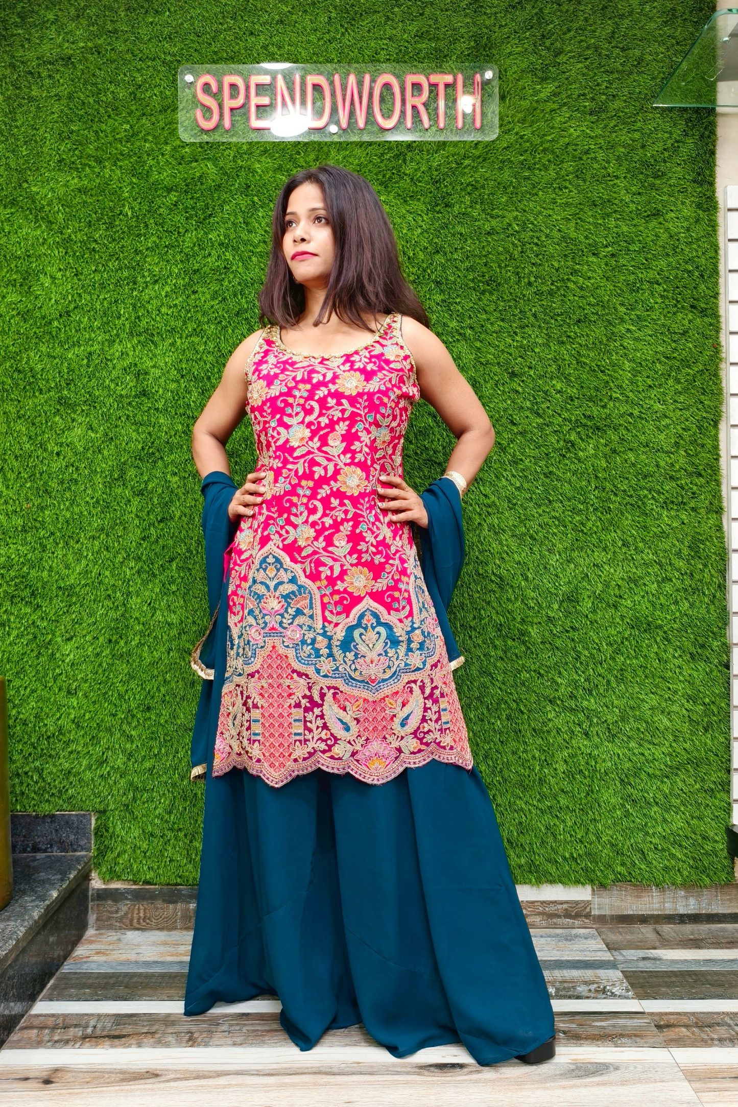 Beautiful Partywear Contrast Sharara Suit in hot Pink