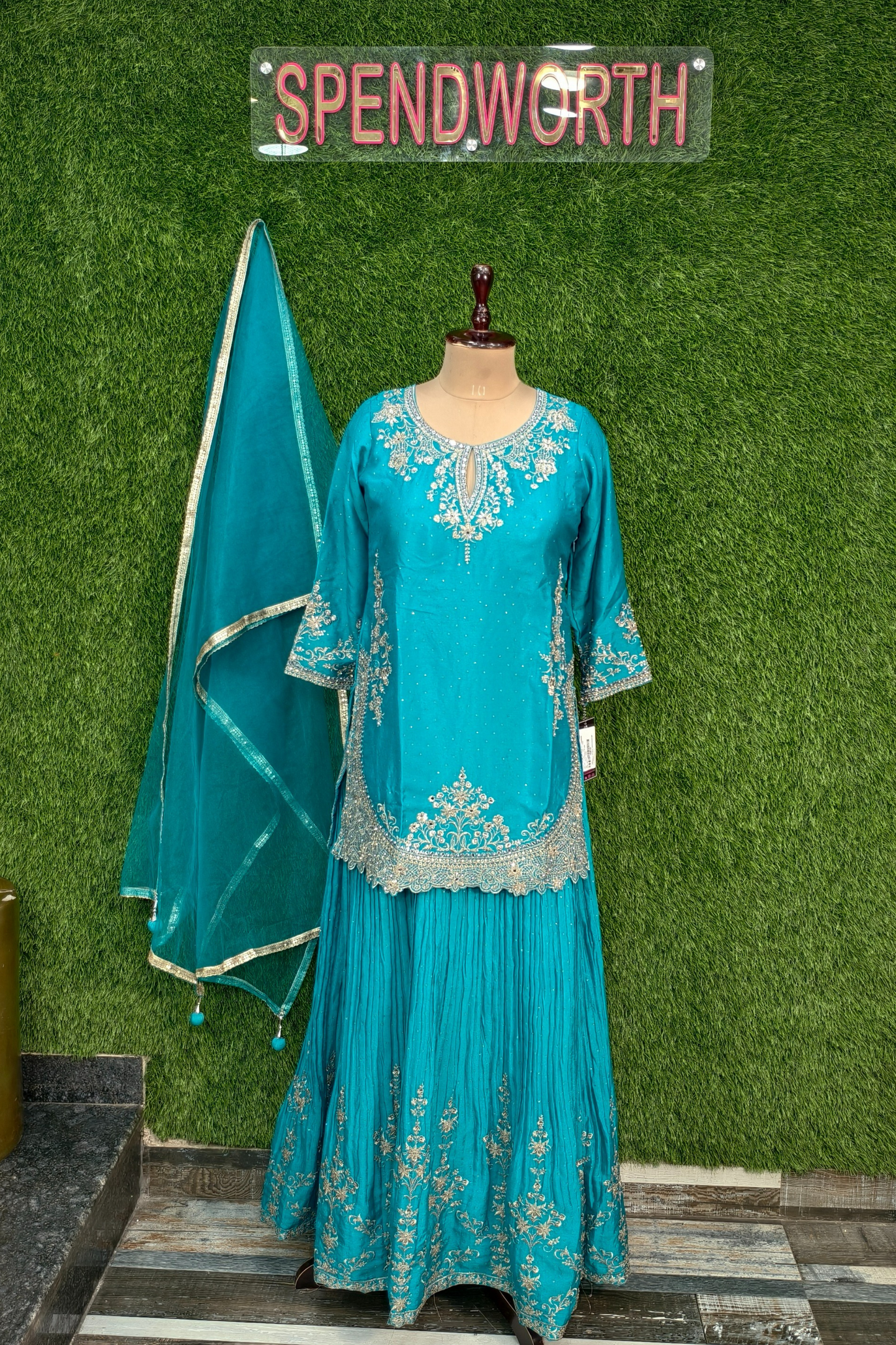 Chinnon Silk Short kurta with Lehenga bottom