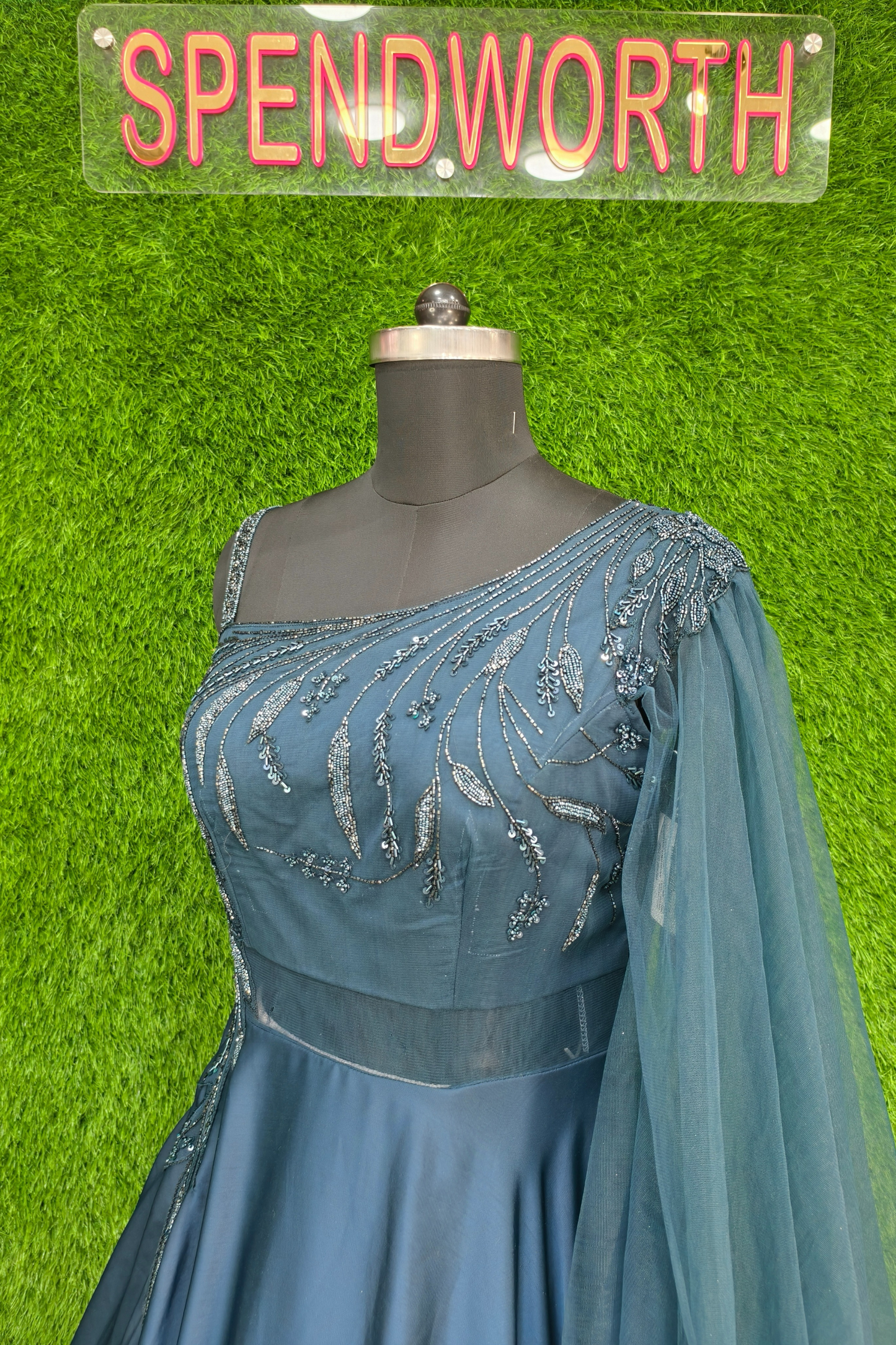 One side Shoulder Heavy Flare Embroidered Gown