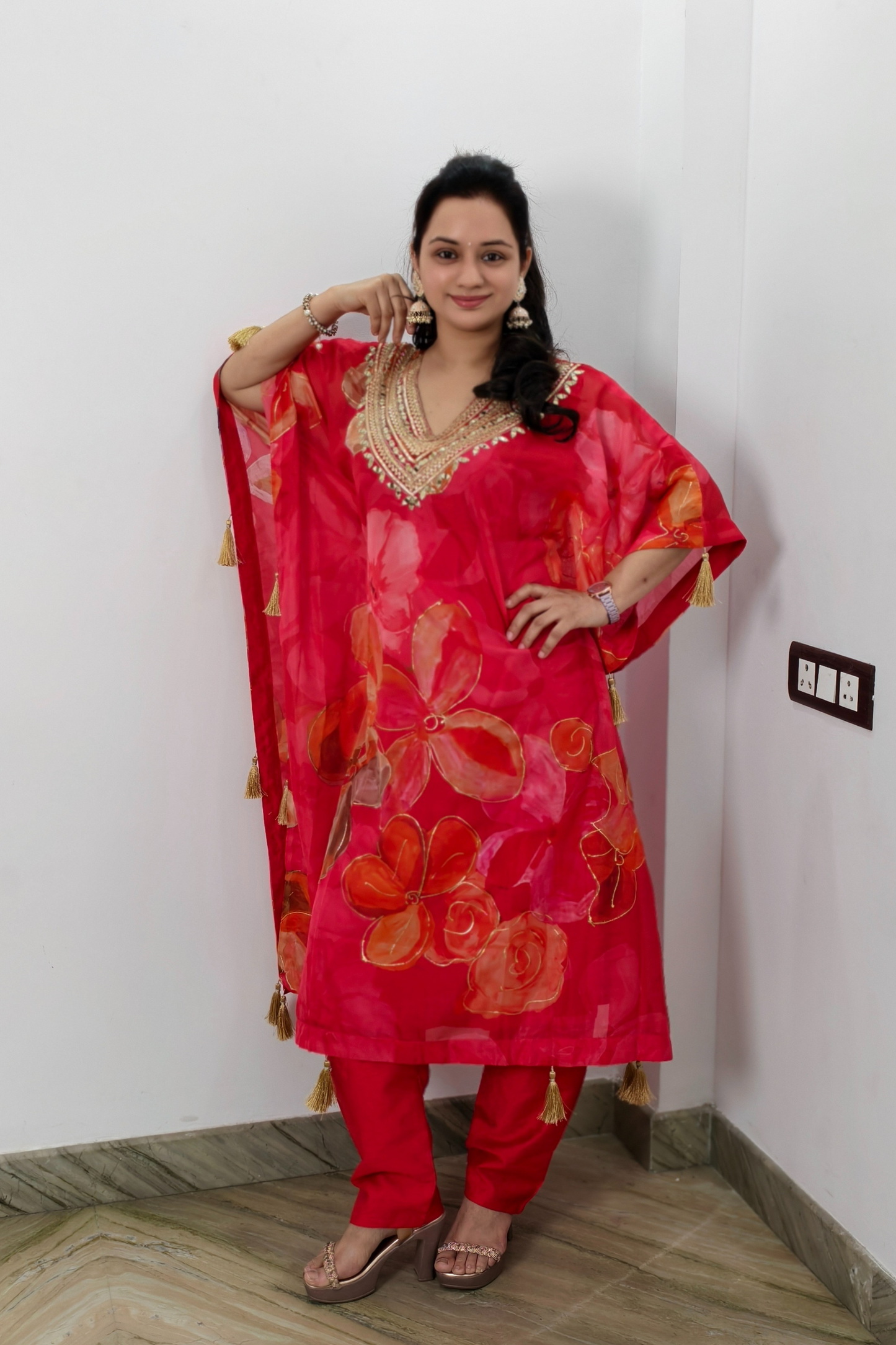 Beautiful Party Wear Kaftan Set with Mirror Work Embroidery