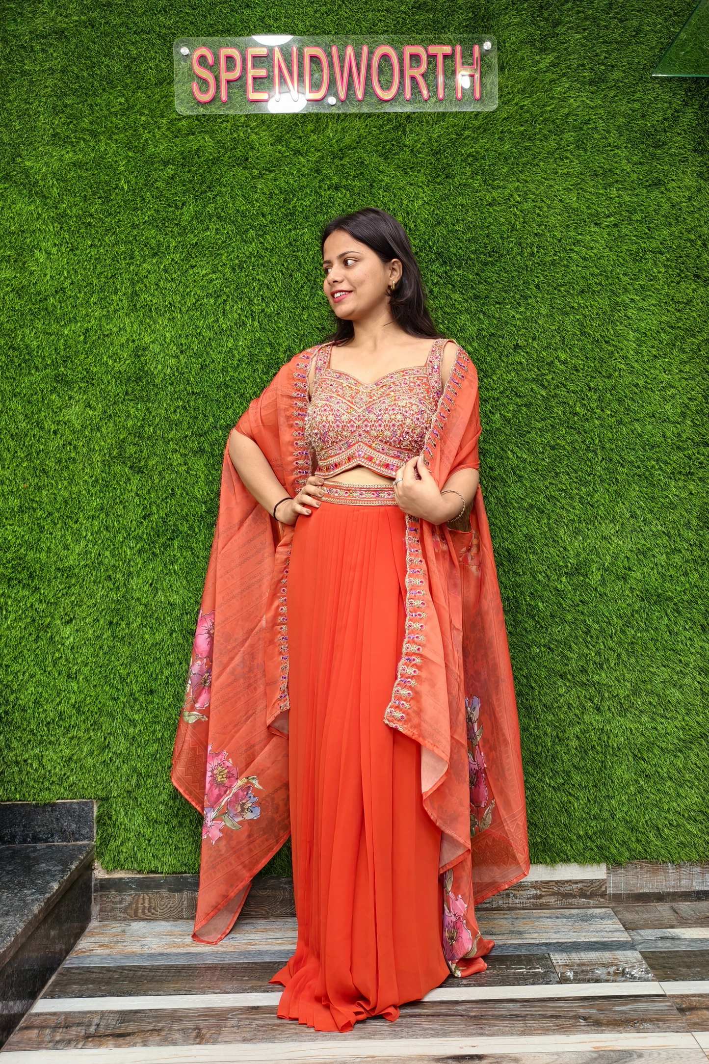 Beautiful Indo western dress with shrug in orange