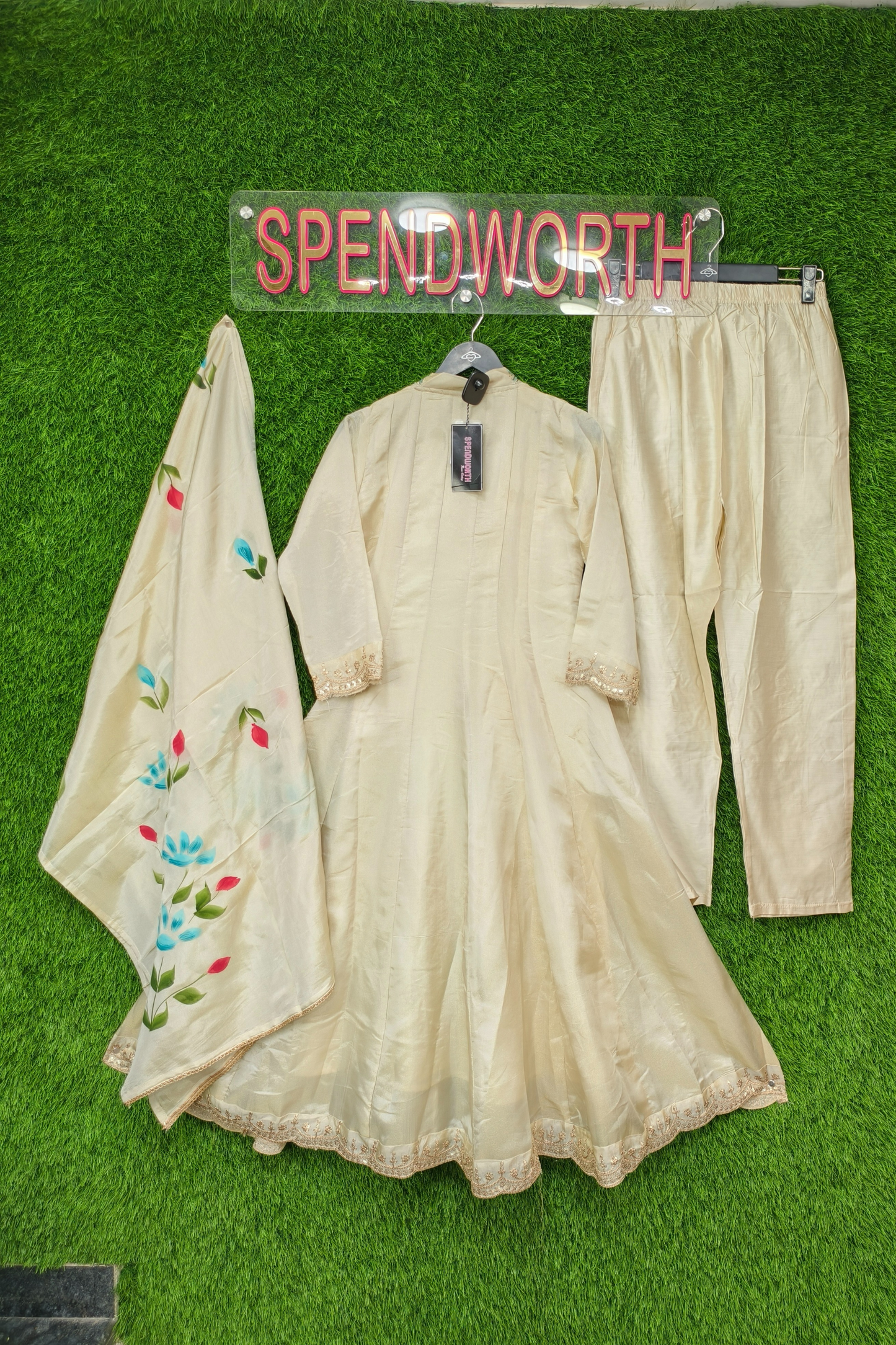 V Neck Embroidered Tissue Silk Kurta with Pants and Dupatta