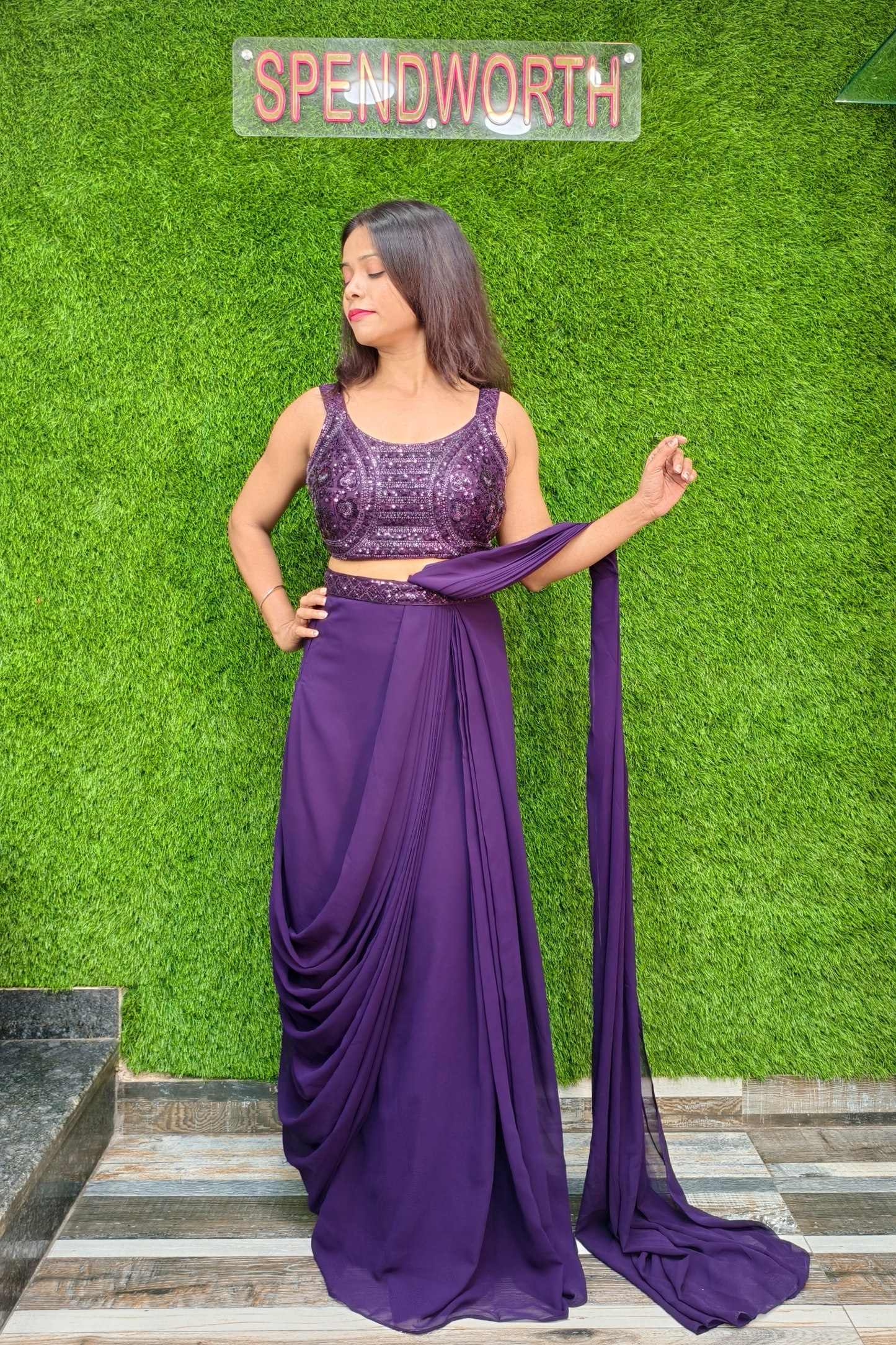 Ready to wear drape dress with hand work blouse
