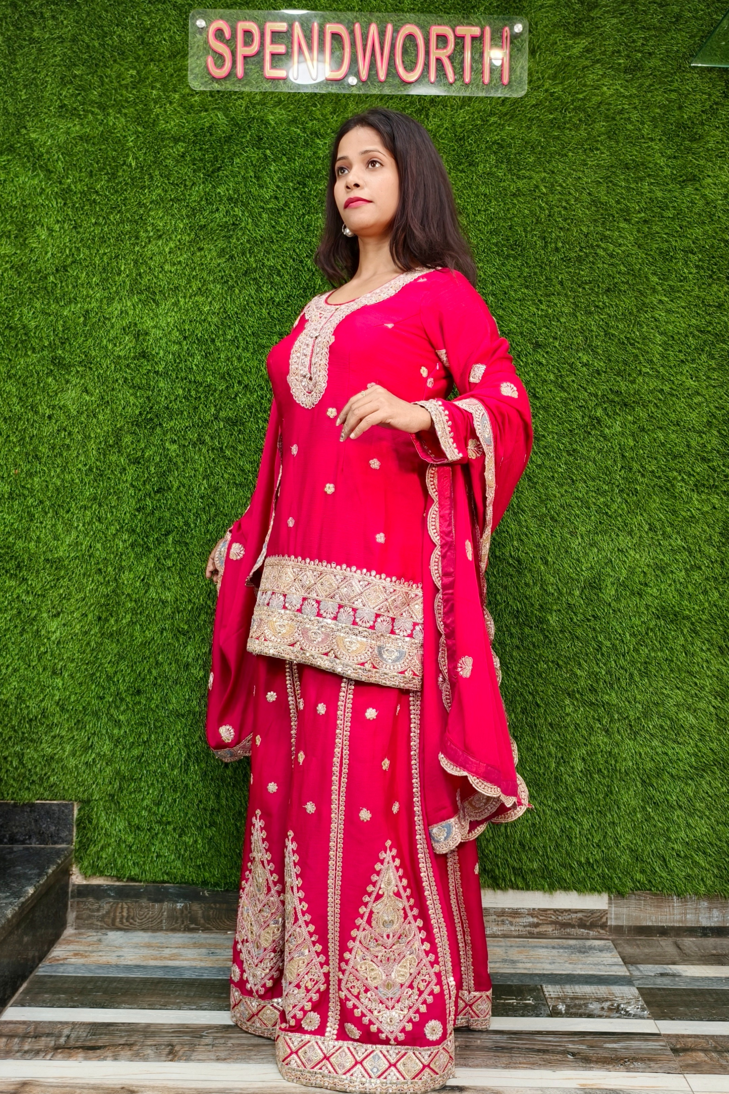 Beautiful Contrast Embroidery Sharara suit in Hot Pink.