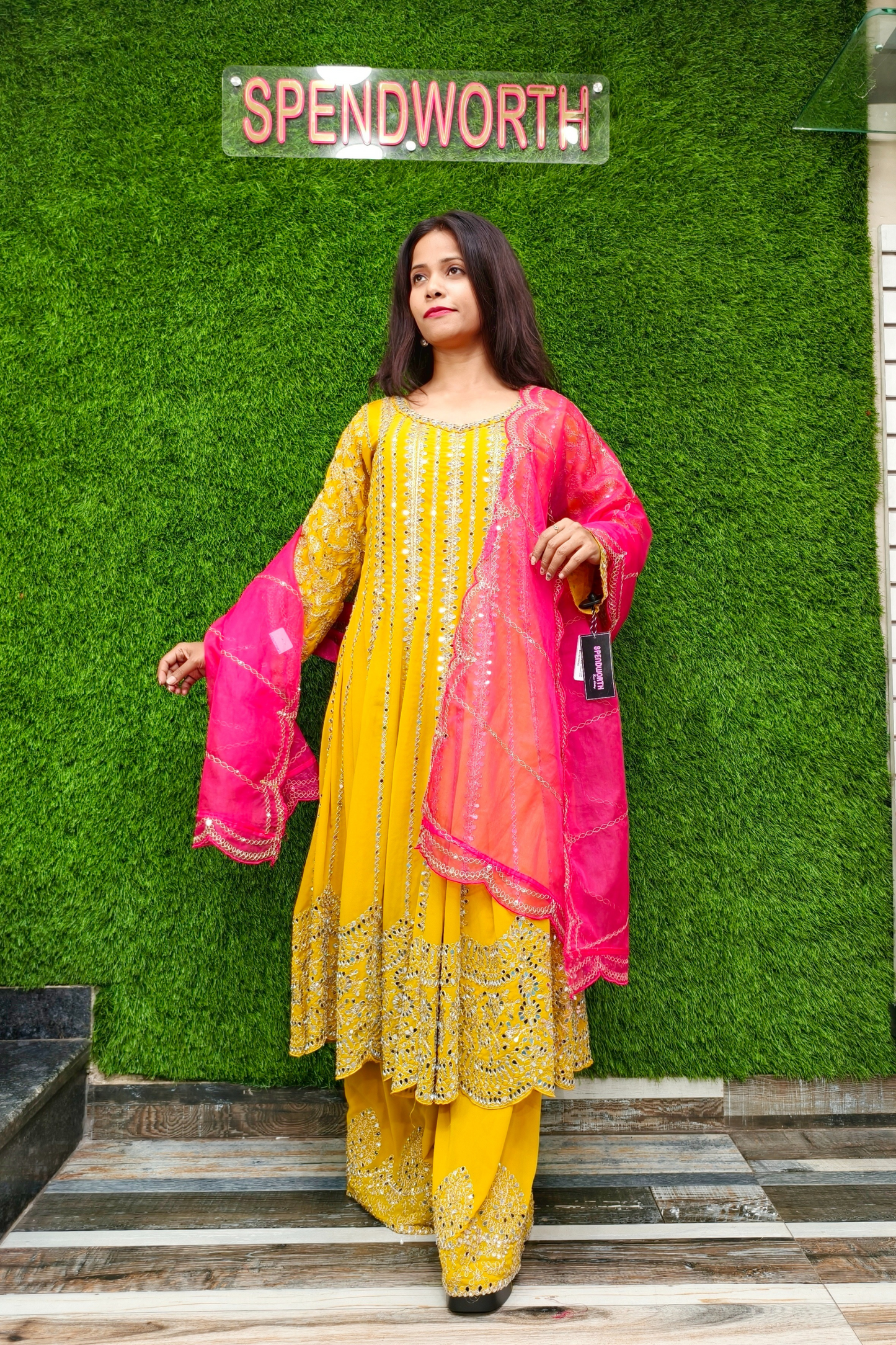 Mirror Work long Anarkali Partywear Suit with PLazo.