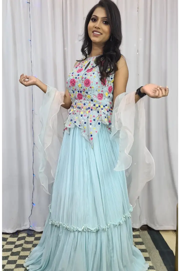 Multi Embroidered Mirror Work Peplum Dress With Skirt In Sky Blue