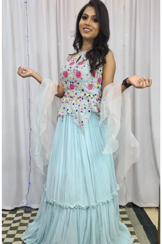 Multi Embroidered Mirror Work Peplum Dress With Skirt In Sky Blue