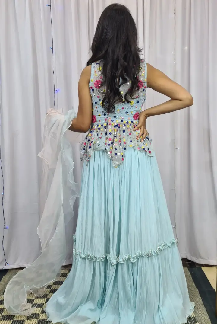 Multi Embroidered Mirror Work Peplum Dress With Skirt In Sky Blue