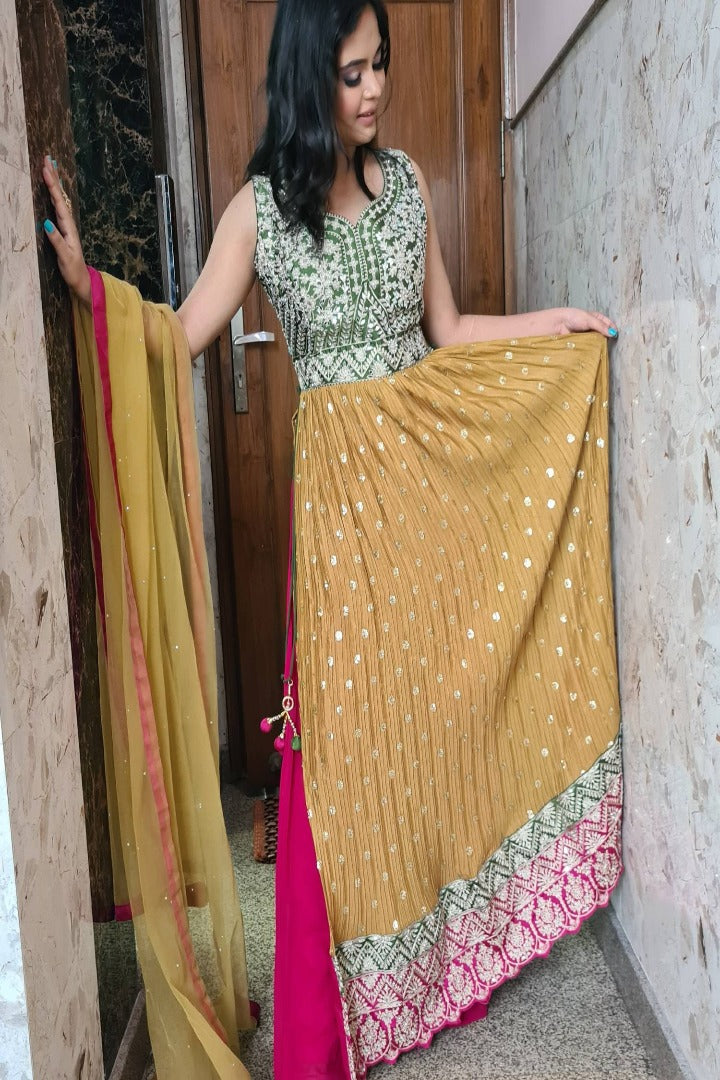 3d Contrasted Straight Partywear Suit In Chinon-spendworthclothing-3d,Color_Mustard,Color_Mustard Yellow,contrasted,Item Type_Plazo Suits,Item Type_Sharara Garara Suits,Plazo-Suits,Sharara-Garara-Suits,SUIT SET,SUIT-SETS