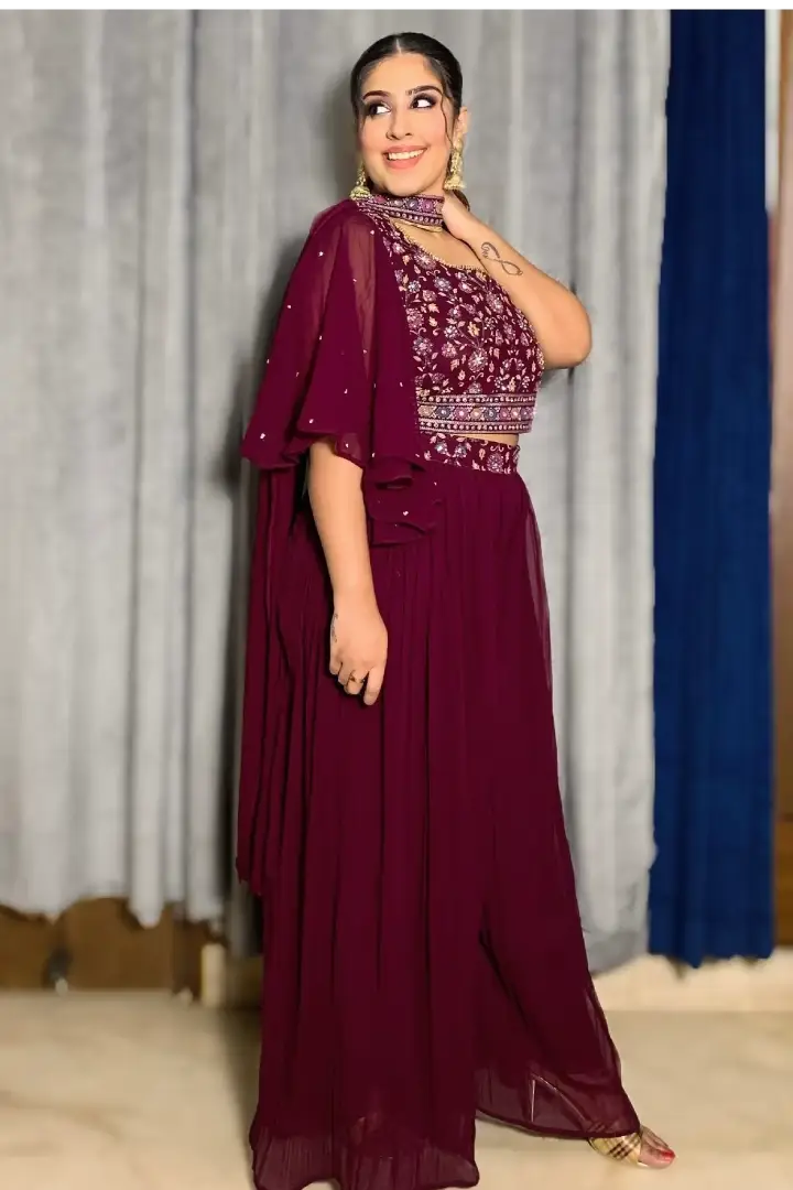 Off Shoulder Crop Top With Sharara In Wine