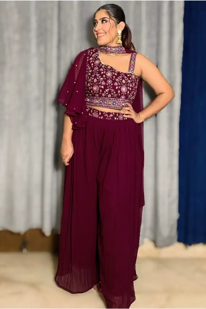 Off Shoulder Crop Top With Sharara In Wine