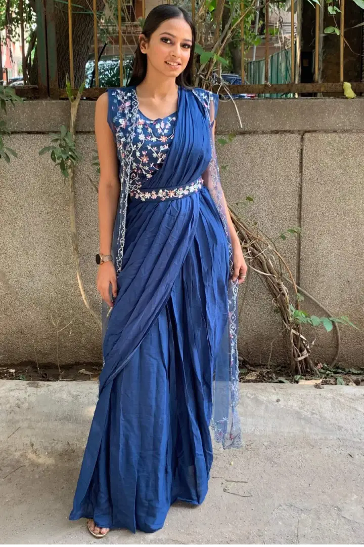 Indo Western Dress With Separate Shrug in Blue Spend Worth