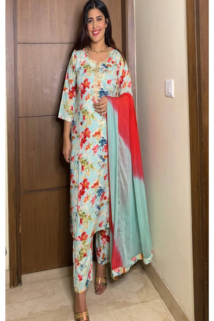 Straight cotton Printed Kurta Set in Mint Green-spendworthclothing-Color_Green,Color_Sea Green,Cotton-Suits-sets,cottonsuit sets,Free-Shipping,Material_Cotton,plazo suits,Speedy-Deliveries,suit sets