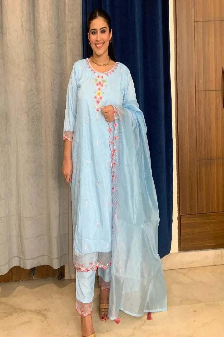 Silk Partywear Kurta Set With Beautiful Duppatta in Sky Blue-spendworthclothing-Color_Blue/Sky Blue,Color_Sky Blue,Cotton-Suits-sets,cottonsuit sets,embroidered,Embroidery,Item Type_Cotton Suits Sets,Item Type_Plazo Suits,Material_Organza,Material_Silk,multy embroidered,Plazo-Suits,SUIT SET,SUIT-SETS