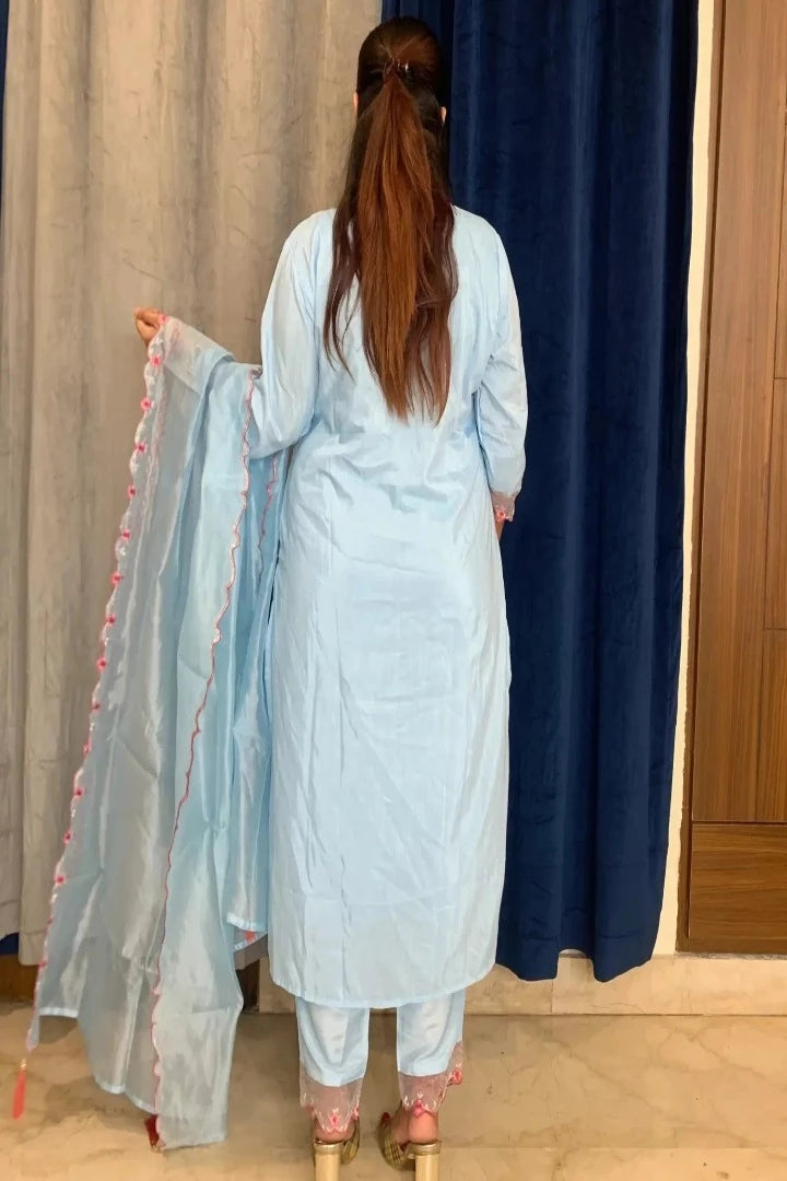 Silk Partywear Kurta Set With Beautiful Duppatta in Sky Blue-spendworthclothing-Color_Blue/Sky Blue,Color_Sky Blue,Cotton-Suits-sets,cottonsuit sets,embroidered,Embroidery,Item Type_Cotton Suits Sets,Item Type_Plazo Suits,Material_Organza,Material_Silk,multy embroidered,Plazo-Suits,SUIT SET,SUIT-SETS