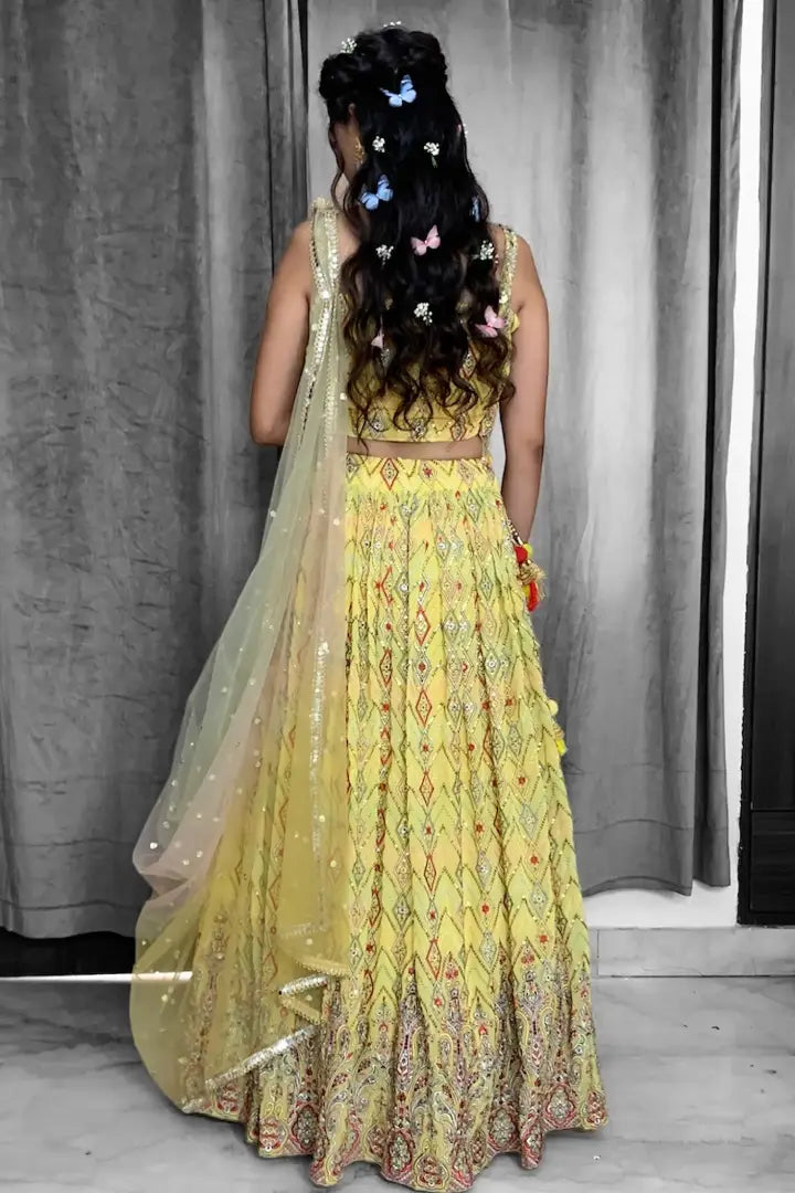Spagheti Style Lehenga Choli in Yellow