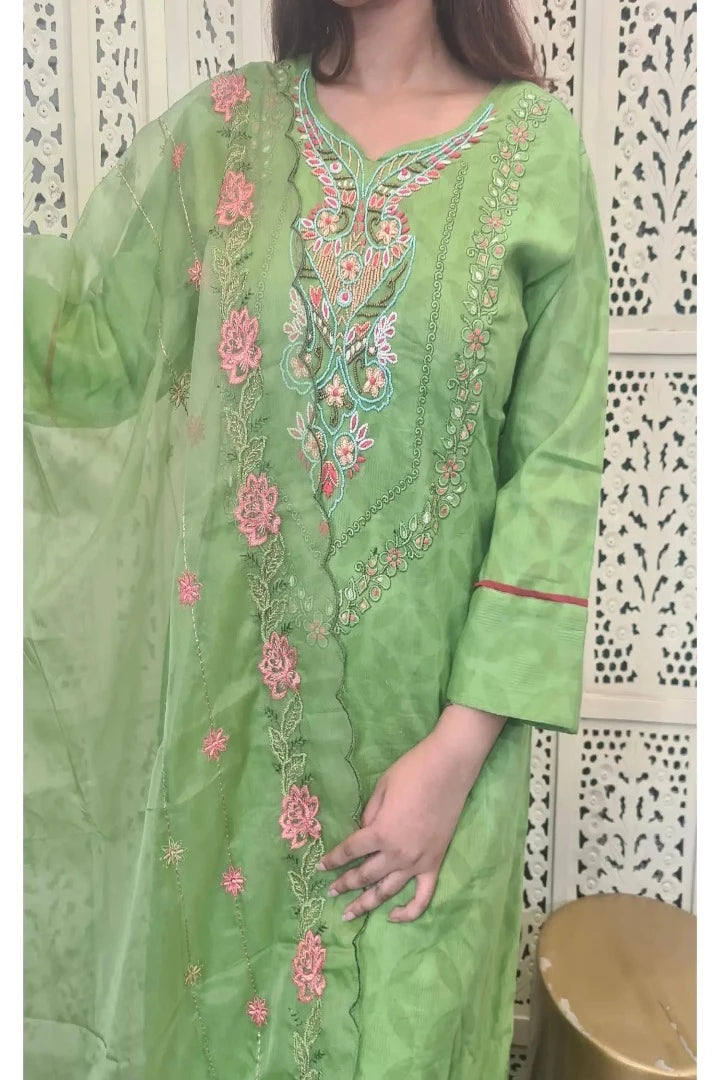 Aline Cotton Kurta Set With Thread Work Embroidery in Parrot-spendworthclothing-aline,Color_Parrot,Color_Parrot Green,Cotton-Suits-sets,cottonsuit sets,Item Type_Cotton Suits Sets,Item Type_Plazo Suits,Plazo-Suits,SUIT SET,SUIT-SETS