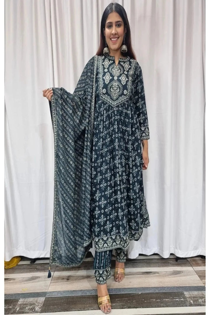 Anarkali Side Cut Kurta Set With Duppatta in Blue-spendworthclothing-anarkali,Color_Blue,Color_Peacock Blue,Cotton-Suits-sets,cottonsuit sets,embroidered,Embroidery,Item Type_Cotton Suits Sets,Item Type_Plazo Suits,Plazo-Suits,SUIT SET,SUIT-SETS