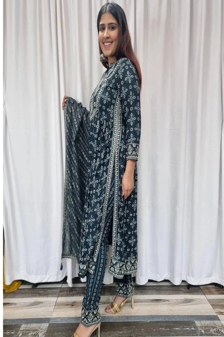 Anarkali Side Cut Kurta Set With Duppatta in Blue-spendworthclothing-anarkali,Color_Blue,Color_Peacock Blue,Cotton-Suits-sets,cottonsuit sets,embroidered,Embroidery,Item Type_Cotton Suits Sets,Item Type_Plazo Suits,Plazo-Suits,SUIT SET,SUIT-SETS