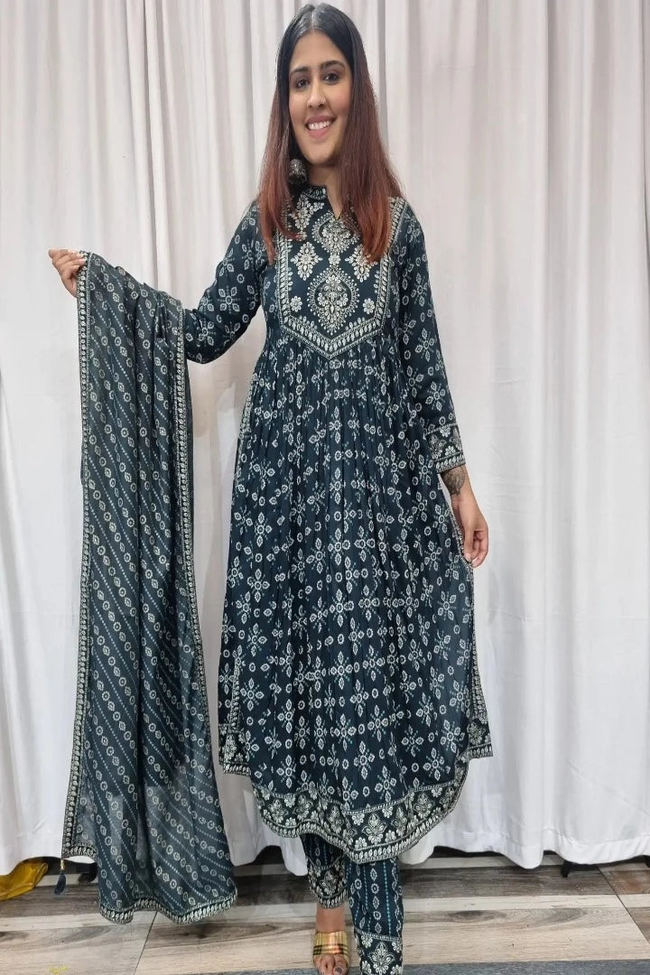 Anarkali Side Cut Kurta Set With Duppatta in Blue-spendworthclothing-anarkali,Color_Blue,Color_Peacock Blue,Cotton-Suits-sets,cottonsuit sets,embroidered,Embroidery,Item Type_Cotton Suits Sets,Item Type_Plazo Suits,Plazo-Suits,SUIT SET,SUIT-SETS