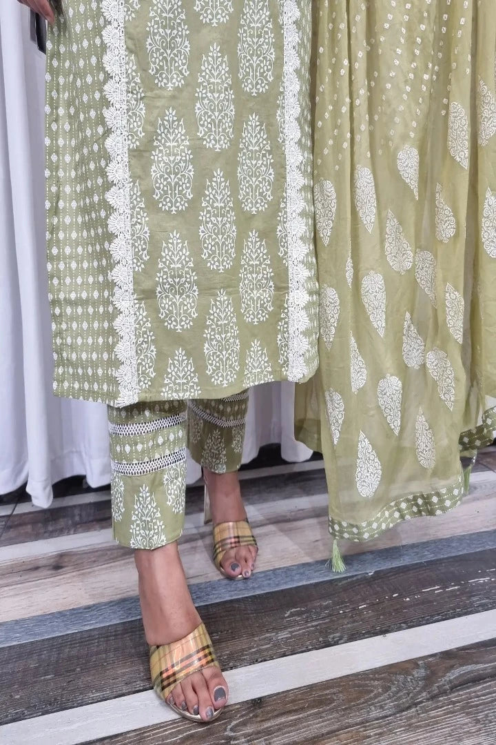 Straight Pakistani Cotton Suit Set With Duppatta in Olive-spendworthclothing-Color_Green,Color_Pista Green,Cotton-Suits-sets,Free-Shipping,Item Type_Cotton Suits Sets,Item Type_Plazo Suits,olive green,pakistani style,Plazo-Suits,Speedy-Deliveries,SUIT SET,SUIT-SETS