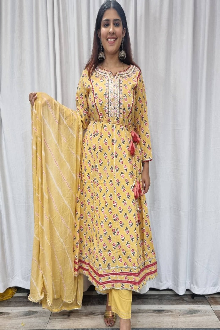 Cotton Anarkali Printed Kurta Set in Yellow-spendworthclothing-anarkali,Color_Lemon Yellow,Color_Mustard Yellow,Color_Yellow,Cotton-Suits-sets,cottonsuit sets,Item Type_Cotton Suits Sets,Item Type_Plazo Suits,Plazo-Suits,SUIT SET,SUIT-SETS