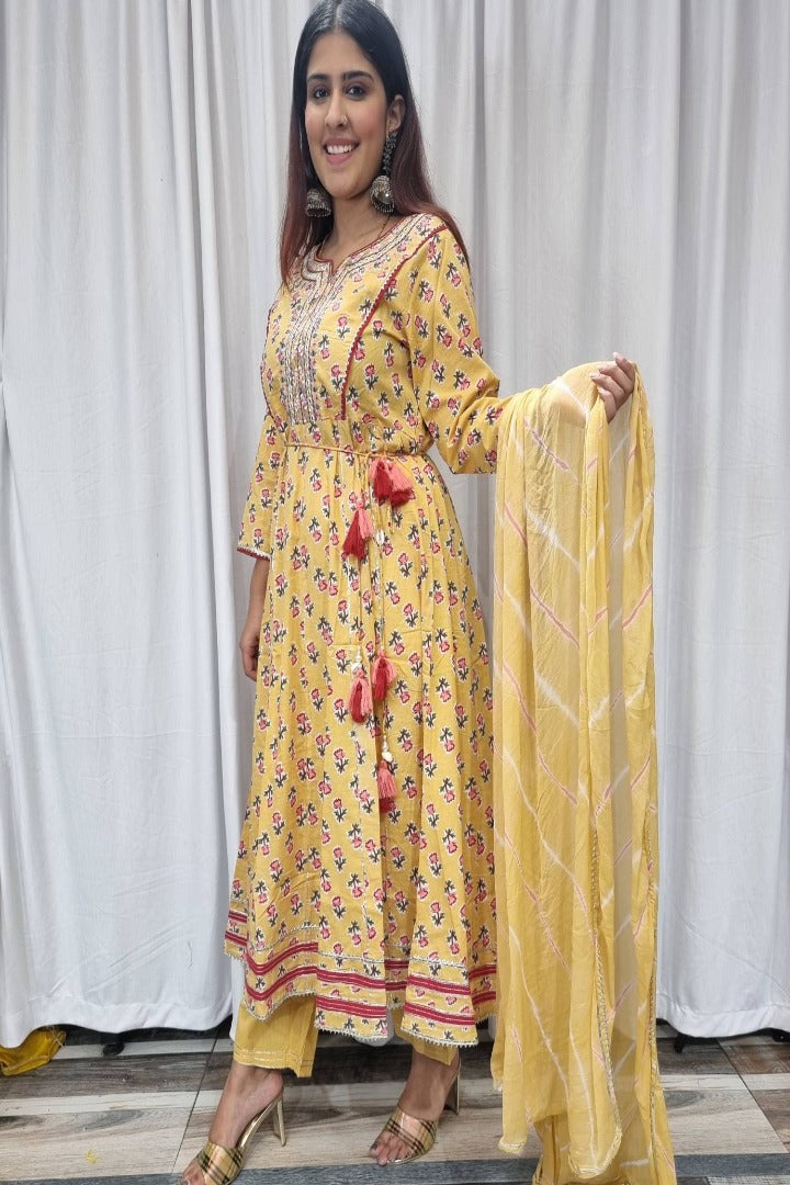 Cotton Anarkali Printed Kurta Set in Yellow-spendworthclothing-anarkali,Color_Lemon Yellow,Color_Mustard Yellow,Color_Yellow,Cotton-Suits-sets,cottonsuit sets,Item Type_Cotton Suits Sets,Item Type_Plazo Suits,Plazo-Suits,SUIT SET,SUIT-SETS