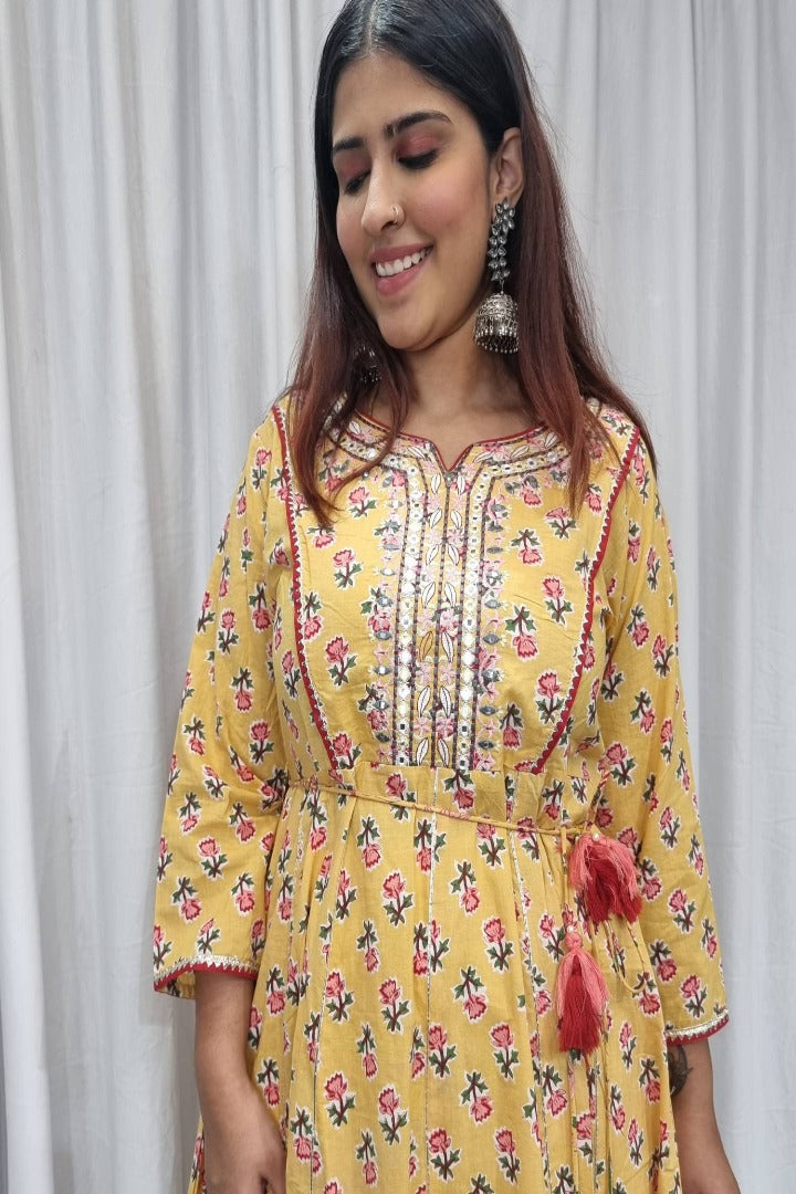 Cotton Anarkali Printed Kurta Set in Yellow-spendworthclothing-anarkali,Color_Lemon Yellow,Color_Mustard Yellow,Color_Yellow,Cotton-Suits-sets,cottonsuit sets,Item Type_Cotton Suits Sets,Item Type_Plazo Suits,Plazo-Suits,SUIT SET,SUIT-SETS