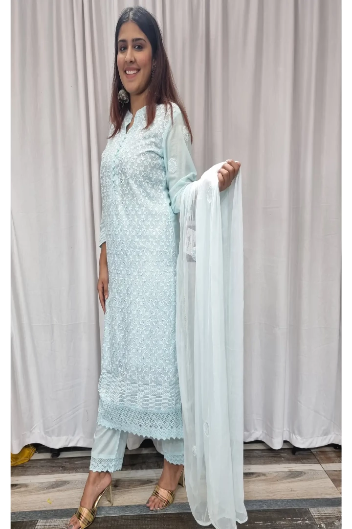 Straight Cotton Chikan Work Kurta Set With Chiffon Duppatta in Sky Blue-spendworthclothing-Color_Blue/Sky Blue,Cotton-Suits-sets,cottonsuit sets,embroidered,Item Type_Cotton Suits Sets,Item Type_Plazo Suits,Kurta Sets,Plazo-Suits,SUIT SET,SUIT-SETS