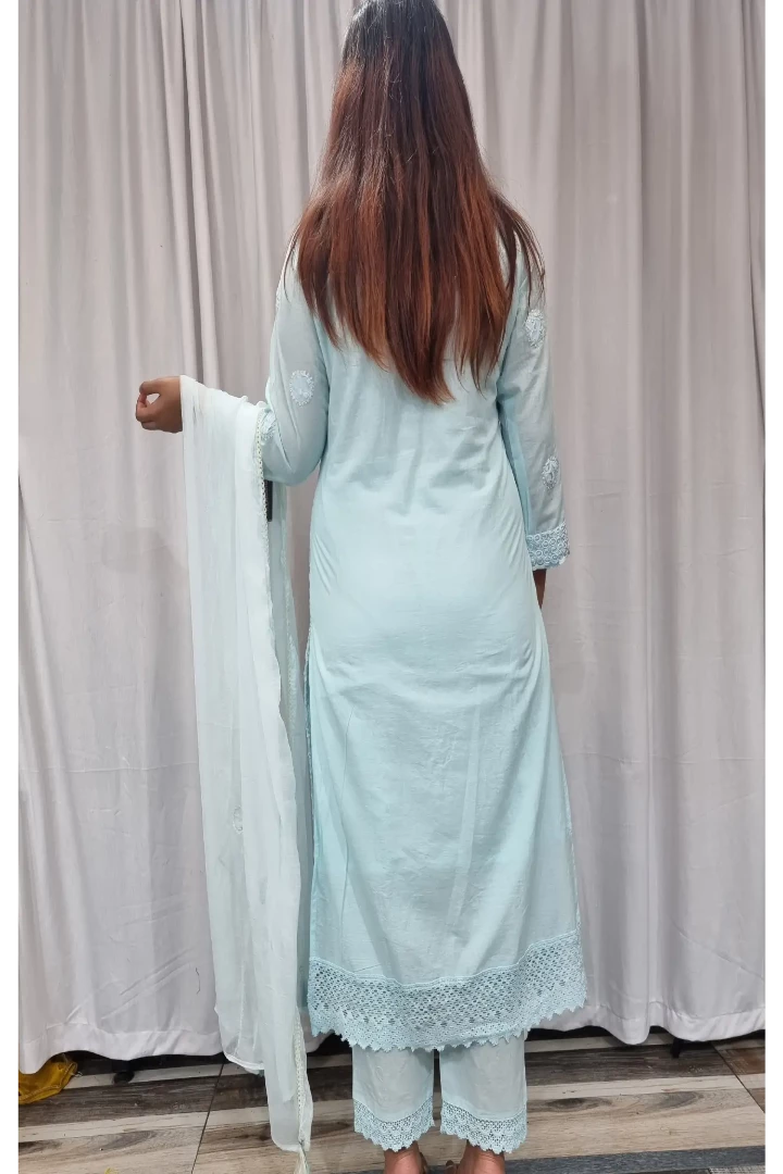 Straight Cotton Chikan Work Kurta Set With Chiffon Duppatta in Sky Blue-spendworthclothing-Color_Blue/Sky Blue,Cotton-Suits-sets,cottonsuit sets,embroidered,Item Type_Cotton Suits Sets,Item Type_Plazo Suits,Kurta Sets,Plazo-Suits,SUIT SET,SUIT-SETS