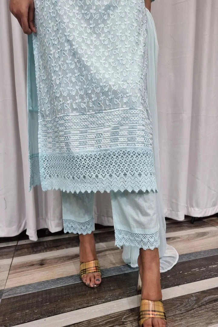 Straight Cotton Chikan Work Kurta Set With Chiffon Duppatta in Sky Blue-spendworthclothing-Color_Blue/Sky Blue,Cotton-Suits-sets,cottonsuit sets,embroidered,Item Type_Cotton Suits Sets,Item Type_Plazo Suits,Kurta Sets,Plazo-Suits,SUIT SET,SUIT-SETS