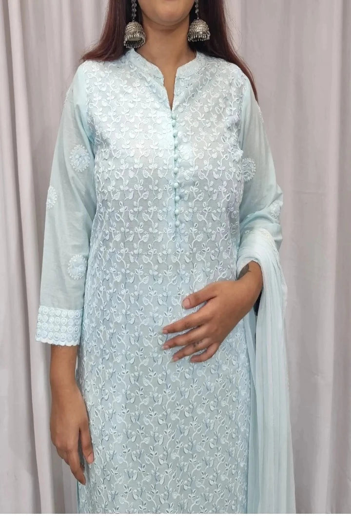 Straight Cotton Chikan Work Kurta Set With Chiffon Duppatta in Sky Blue-spendworthclothing-Color_Blue/Sky Blue,Cotton-Suits-sets,cottonsuit sets,embroidered,Item Type_Cotton Suits Sets,Item Type_Plazo Suits,Kurta Sets,Plazo-Suits,SUIT SET,SUIT-SETS