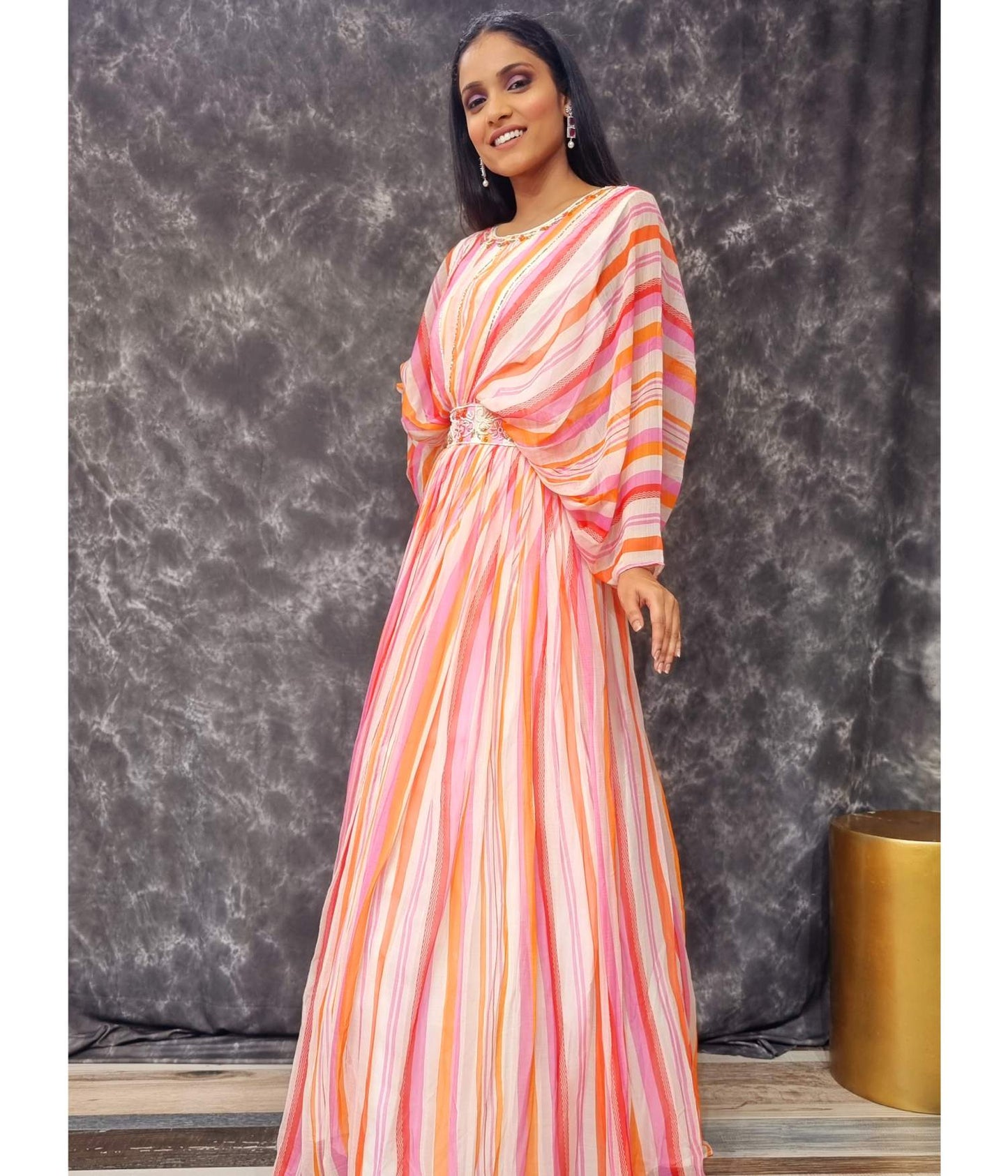 Designer Drop Shoulder Dress in Pink-spendworthclothing-Color_Multi,Color_Pink,Free-Shipping,gowns,Material_Chinnon,Material_Chinon Silk,multy embroidered,Size_Medium,Size_Small,SPEEDY DELIVERIES
