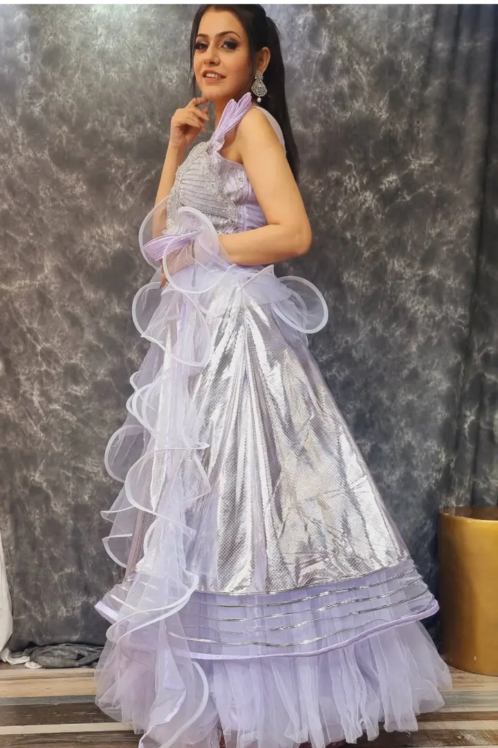 Partywear Designer Crop Top Skirt In Ruffles In lavender