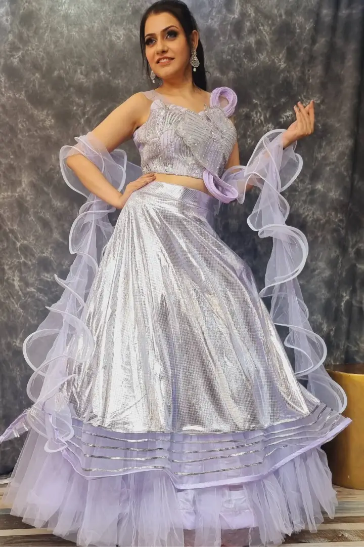 Partywear Designer Crop Top Skirt In Ruffles In lavender