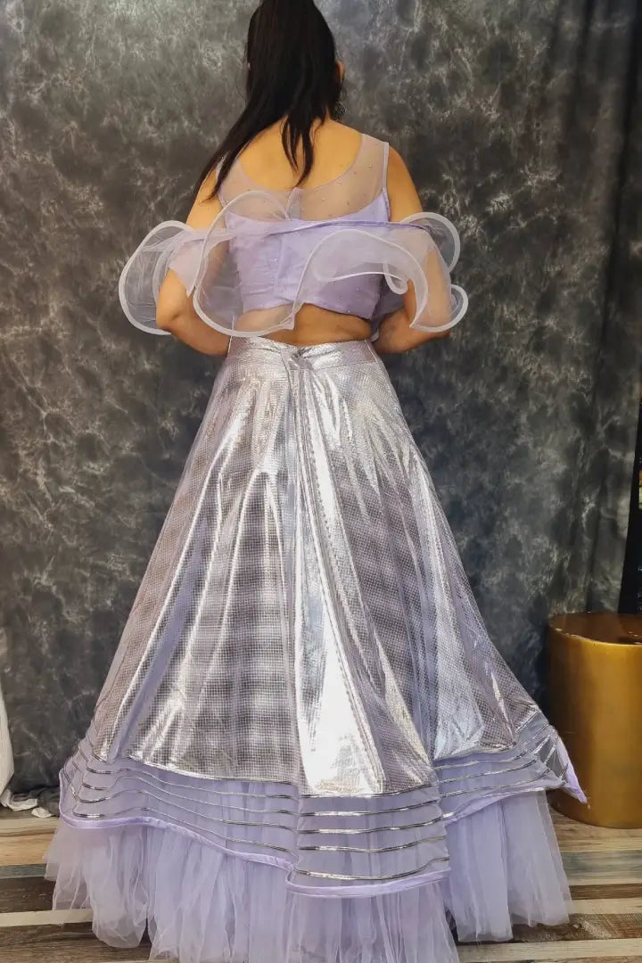 Partywear Designer Crop Top Skirt In Ruffles In lavender